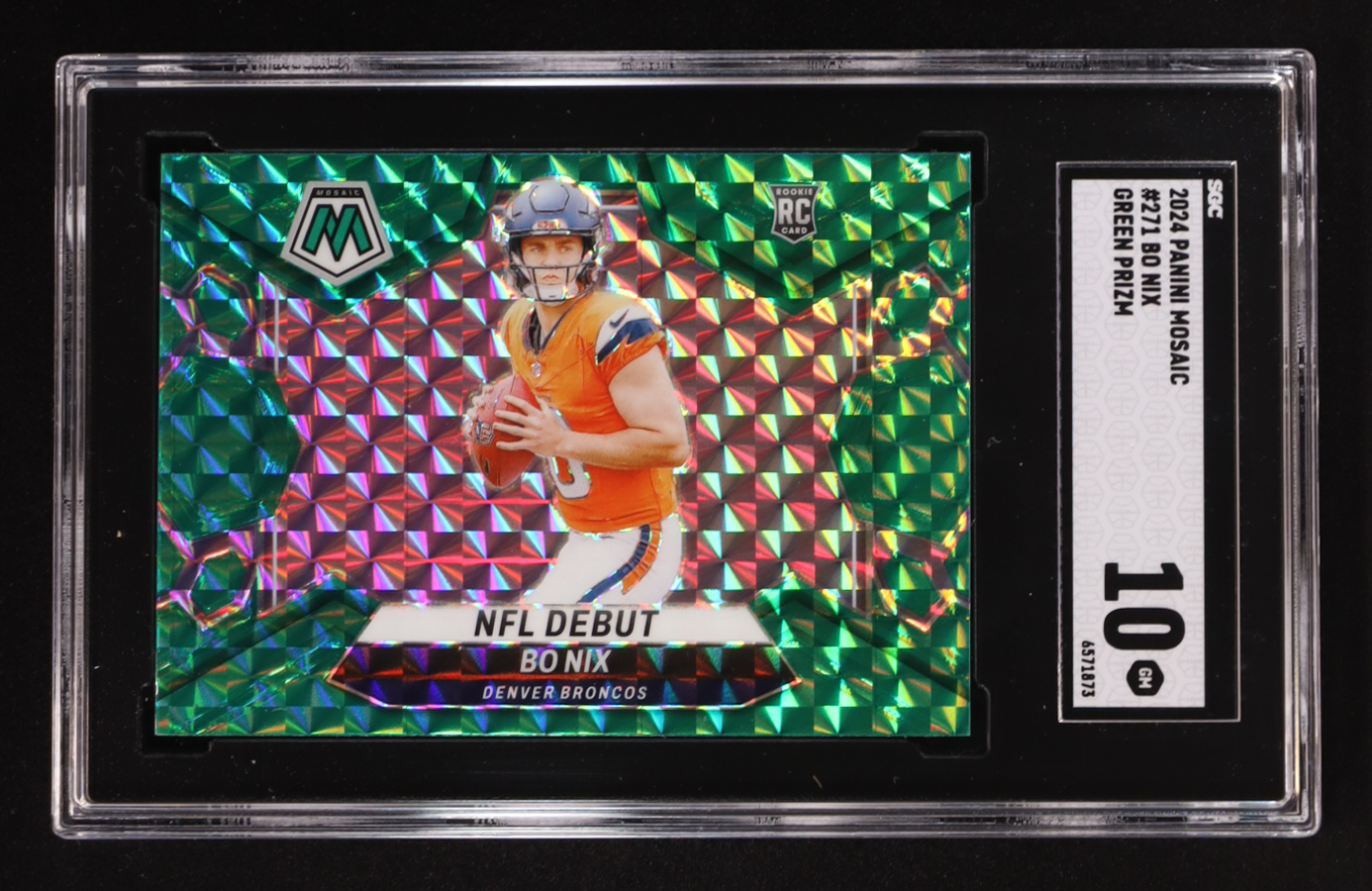 Bo Nix 2024 Panini Mosaic Green Prizm NFL Debut #271 RC (SGC 10) at PristineAuction.com Bo Nix 2024 Panini Mosaic Green Prizm NFL Debut #271 RC (SGC 10) at PristineAuction.com