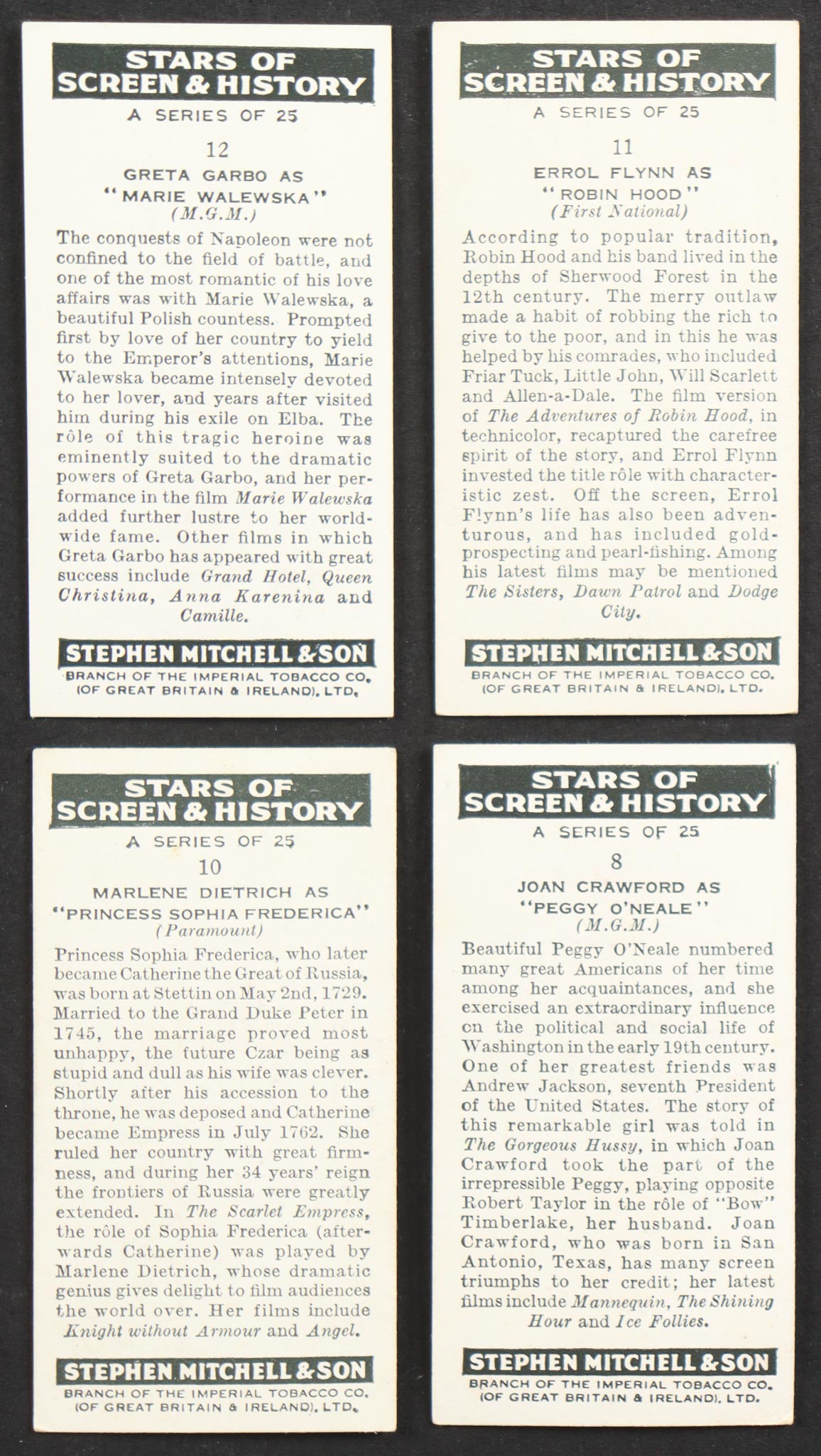 1939 Mitchell & Son "Stars of Screen & History" Cigarettes Cards Complete Card Set Of (25) Cards at PristineAuction.com 1939 Mitchell & Son "Stars of Screen & History" Cigarettes Cards Complete Card Set Of (25) Cards at PristineAuction.com