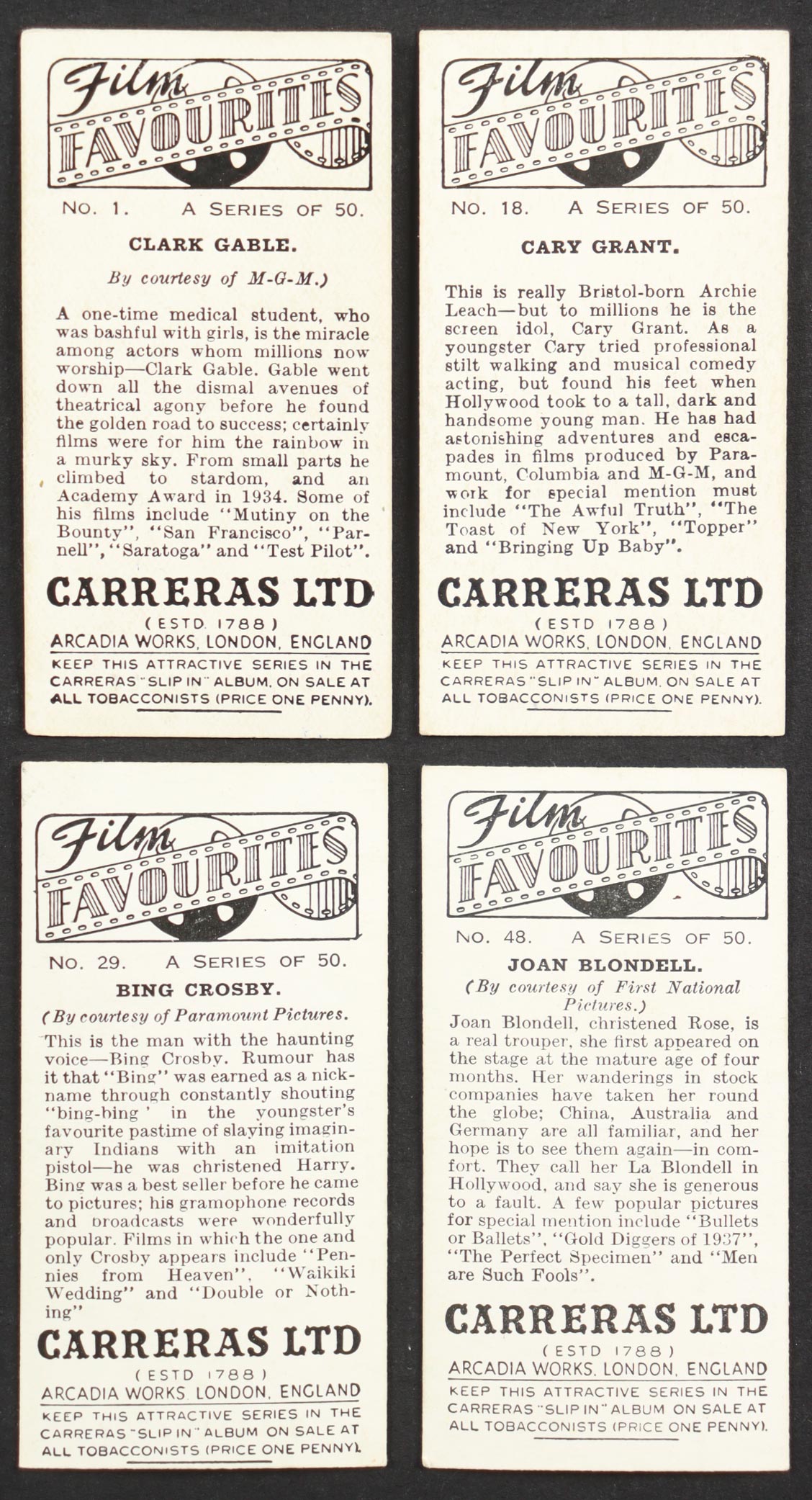 1936 Carreras Ltd "Film Favorites" Cigarettes Cards Complete Card Set Of (50) Cards at PristineAuction.com 1936 Carreras Ltd "Film Favorites" Cigarettes Cards Complete Card Set Of (50) Cards at PristineAuction.com