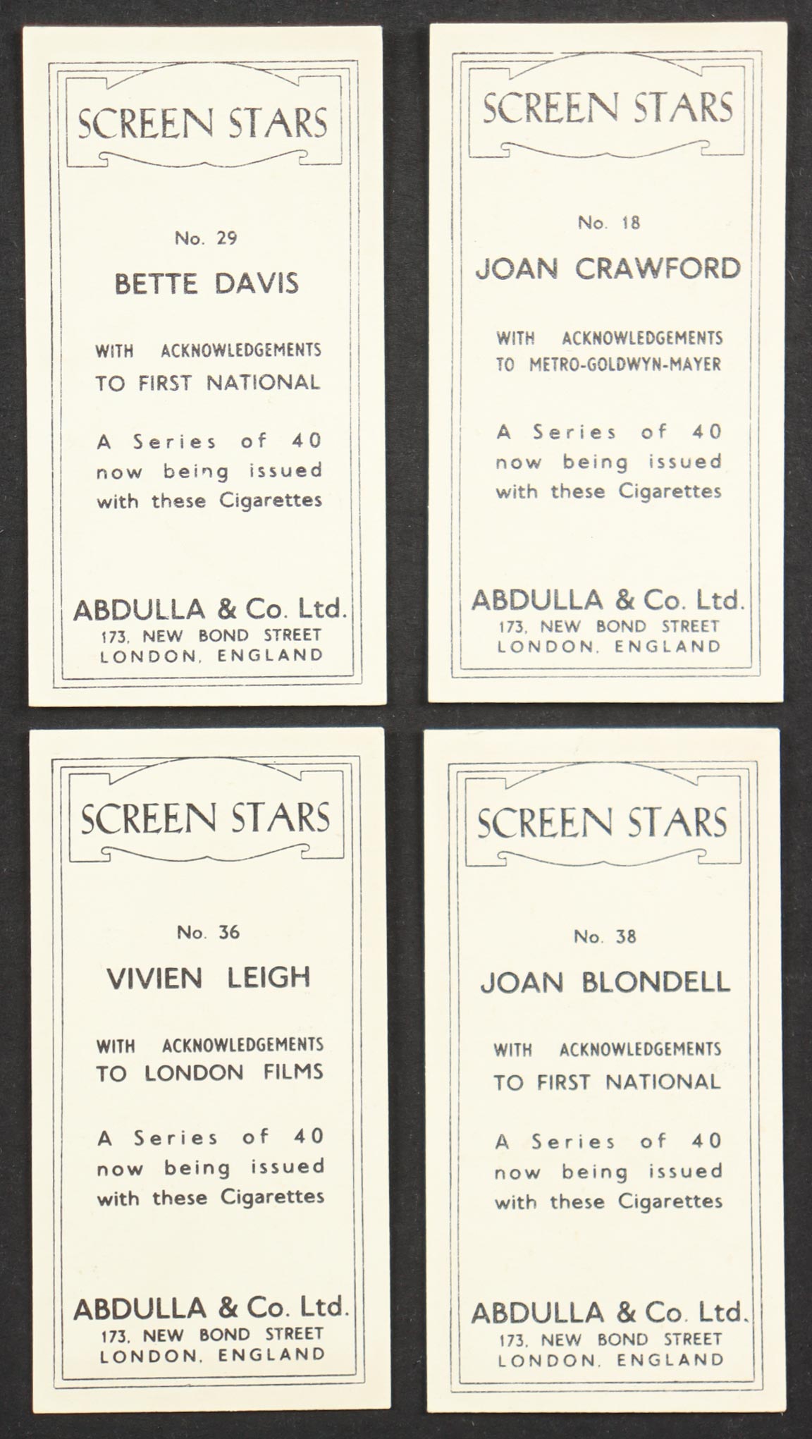 1939 Abdulla & Co. Ltd "Screen Stars" Cigarettes Cards Complete Card Set Of (40) Cards at PristineAuction.com 1939 Abdulla & Co. Ltd "Screen Stars" Cigarettes Cards Complete Card Set Of (40) Cards at PristineAuction.com