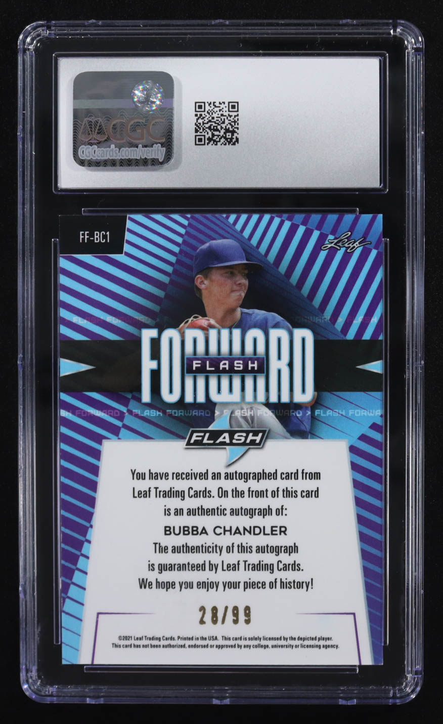 Bubba Chandler 2021 Leaf Flash Flash Forward Autographs Navy #FF-BC1 RC #28/99 (CGC 8 | Autograph Graded CGC 8) at PristineAuction.com Bubba Chandler 2021 Leaf Flash Flash Forward Autographs Navy #FF-BC1 RC #28/99 (CGC 8 | Autograph Graded CGC 8) at PristineAuction.com