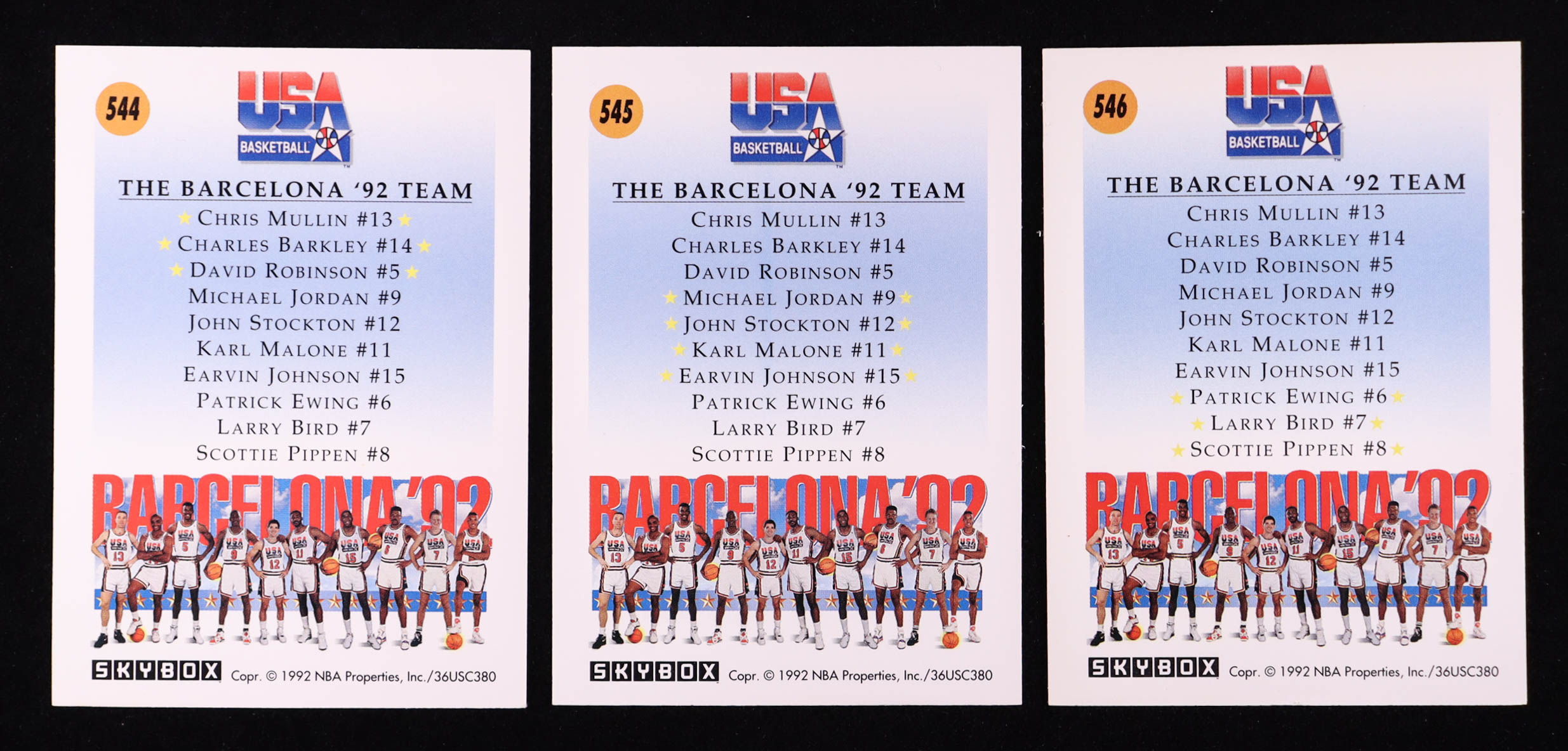 Complete Set of (3) 1992 Skybox USA Basketball Barcelona '92 Team Cards with #544, #545, & #546 at PristineAuction.com Complete Set of (3) 1992 Skybox USA Basketball Barcelona '92 Team Cards with #544, #545, & #546 at PristineAuction.com