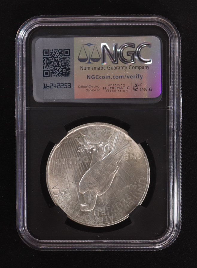 1923 Peace Silver Dollar, Original Bag Fragment Relic (NGC BRILLIANT UNCIRCULATED) - 8145793-118 at PristineAuction.com 1923 Peace Silver Dollar, Original Bag Fragment Relic (NGC BRILLIANT UNCIRCULATED) - 8145793-118 at PristineAuction.com