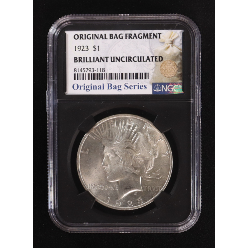 1923 Peace Silver Dollar, Original Bag Fragment Relic (NGC BRILLIANT UNCIRCULATED) - 8145793-118 at PristineAuction.com
