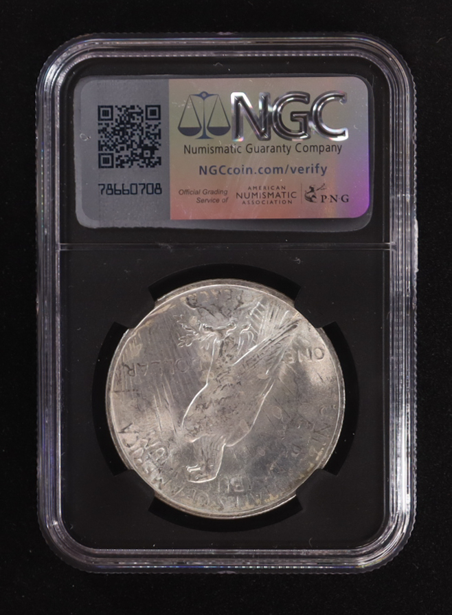 1923 Peace Silver Dollar, Original Bag Fragment Relic (NGC BRILLIANT UNCIRCULATED) - 8145793-121 at PristineAuction.com 1923 Peace Silver Dollar, Original Bag Fragment Relic (NGC BRILLIANT UNCIRCULATED) - 8145793-121 at PristineAuction.com