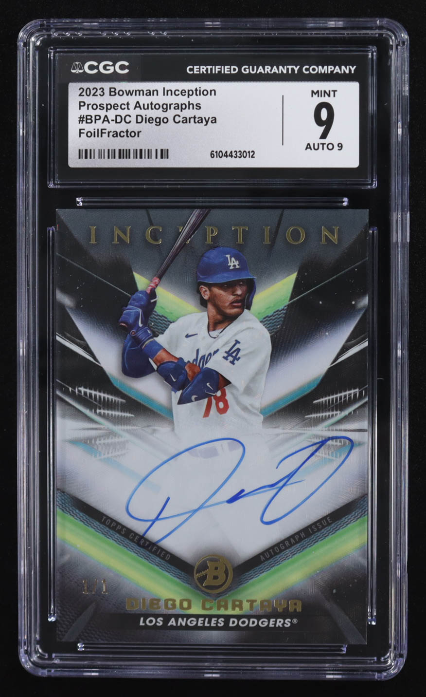 Diego Cartaya 2023 Bowman Inception Prospect Autographs FoilFractor #BPA-DC #1/1 (CGC 9 | Autograph Graded CGC 9) at PristineAuction.com Diego Cartaya 2023 Bowman Inception Prospect Autographs FoilFractor #BPA-DC #1/1 (CGC 9 | Autograph Graded CGC 9) at PristineAuction.com