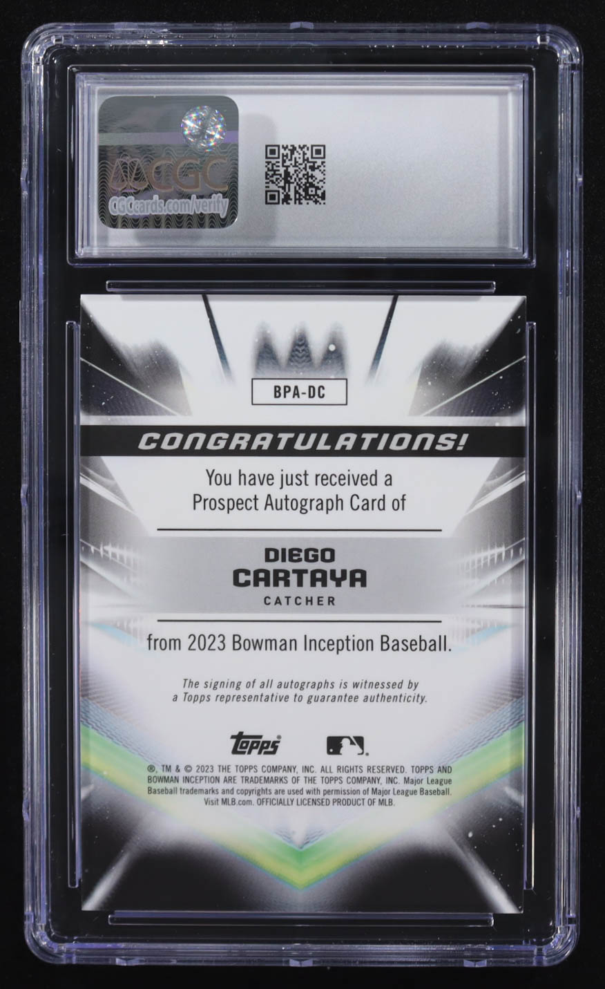 Diego Cartaya 2023 Bowman Inception Prospect Autographs FoilFractor #BPA-DC #1/1 (CGC 9 | Autograph Graded CGC 9) at PristineAuction.com Diego Cartaya 2023 Bowman Inception Prospect Autographs FoilFractor #BPA-DC #1/1 (CGC 9 | Autograph Graded CGC 9) at PristineAuction.com