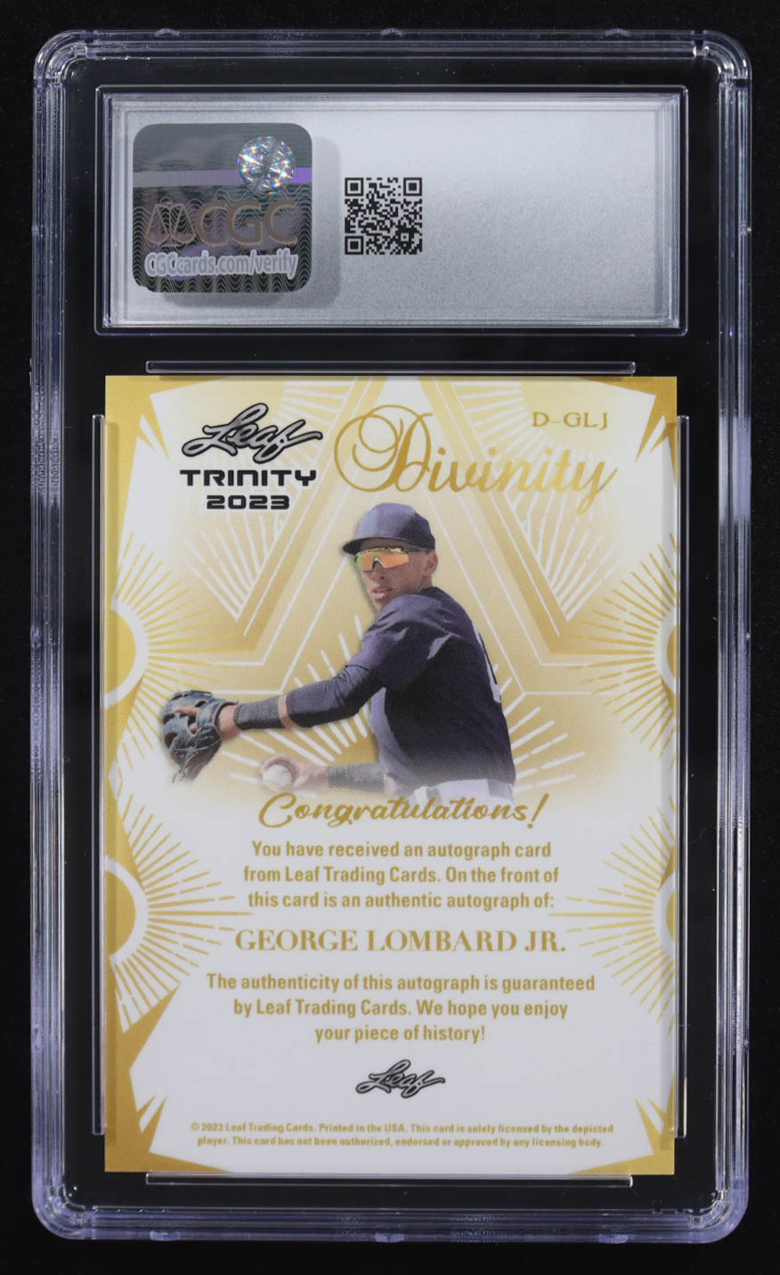 George Lombard Jr. 2023 Leaf Trinity Divinity Autographs Gold #D-GLJ RC #9/10 (CGC 10 | Autograph Graded CGC 10) at PristineAuction.com George Lombard Jr. 2023 Leaf Trinity Divinity Autographs Gold #D-GLJ RC #9/10 (CGC 10 | Autograph Graded CGC 10) at PristineAuction.com