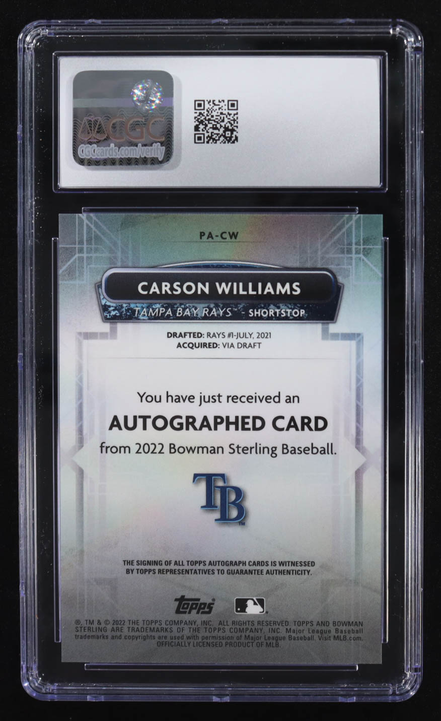 Carson Williams 2022 Bowman Sterling Prospect Autographs #PA-CW RC (CGC 8 | Autograph Graded CGC 10) at PristineAuction.com Carson Williams 2022 Bowman Sterling Prospect Autographs #PA-CW RC (CGC 8 | Autograph Graded CGC 10) at PristineAuction.com
