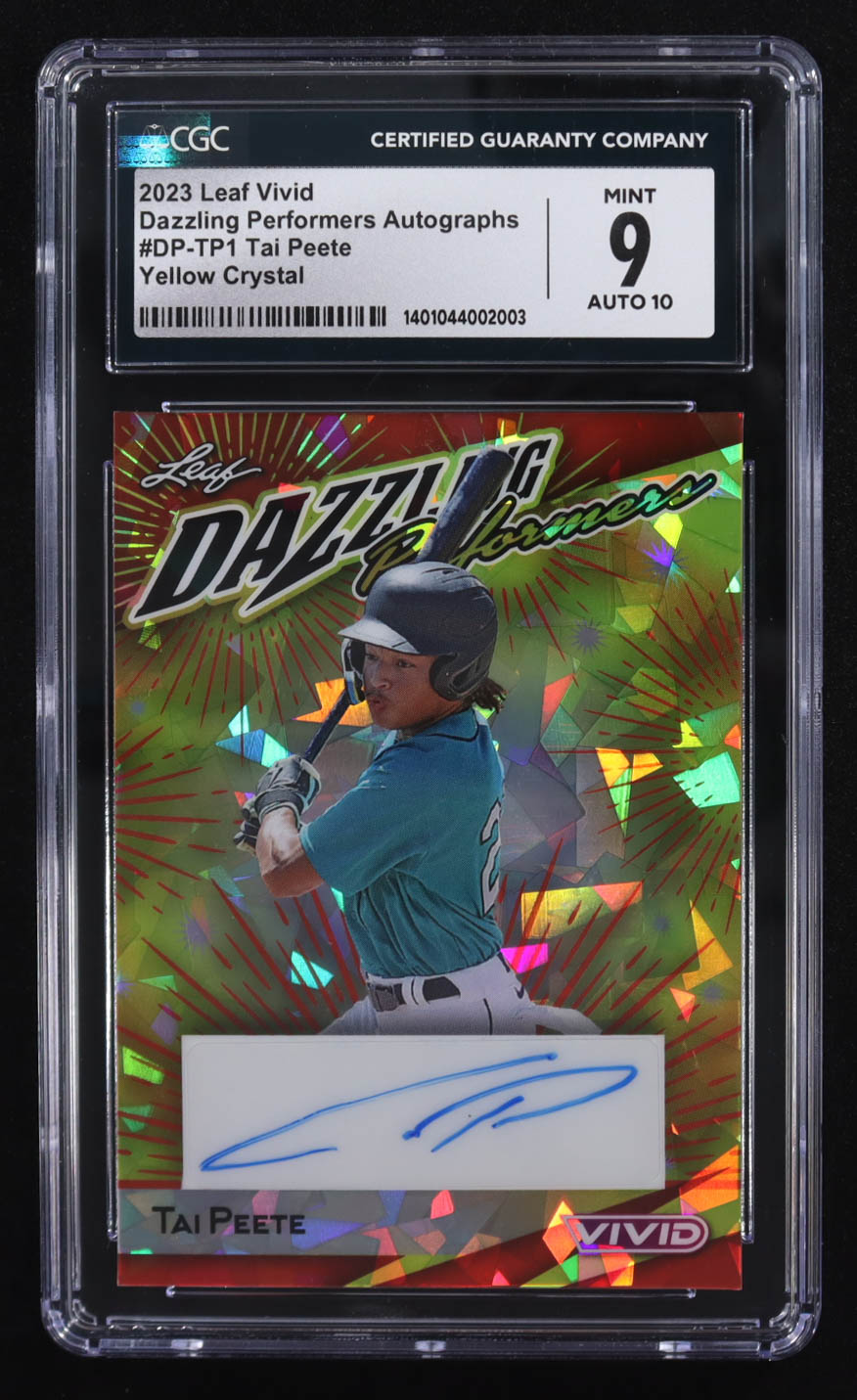 Tai Peete 2023 Leaf Vivid Dazzling Performers Autographs Yellow Crystal #DP-TP1 RC #3/8 (CGC 9 | Autograph Graded CGC 10) at PristineAuction.com Tai Peete 2023 Leaf Vivid Dazzling Performers Autographs Yellow Crystal #DP-TP1 RC #3/8 (CGC 9 | Autograph Graded CGC 10) at PristineAuction.com
