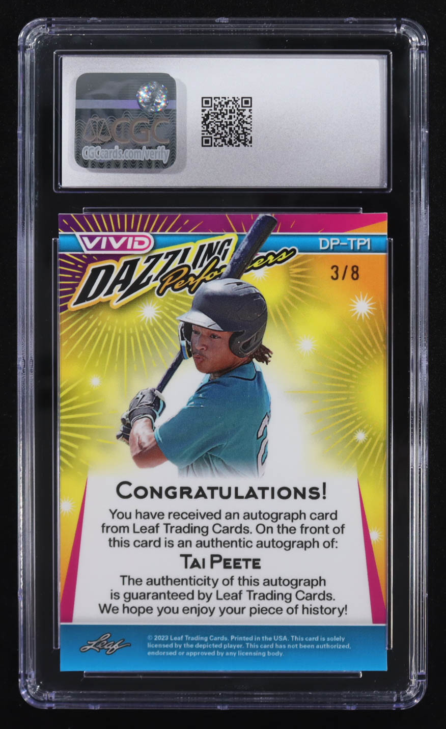Tai Peete 2023 Leaf Vivid Dazzling Performers Autographs Yellow Crystal #DP-TP1 RC #3/8 (CGC 9 | Autograph Graded CGC 10) at PristineAuction.com Tai Peete 2023 Leaf Vivid Dazzling Performers Autographs Yellow Crystal #DP-TP1 RC #3/8 (CGC 9 | Autograph Graded CGC 10) at PristineAuction.com