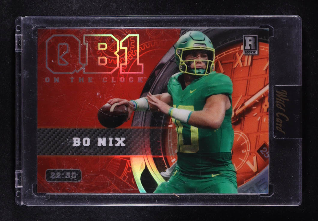 Bo Nix 2023 Wild Card QB1 On the Clock Red and Orange #BN1 RC #22/50 at PristineAuction.com Bo Nix 2023 Wild Card QB1 On the Clock Red and Orange #BN1 RC #22/50 at PristineAuction.com