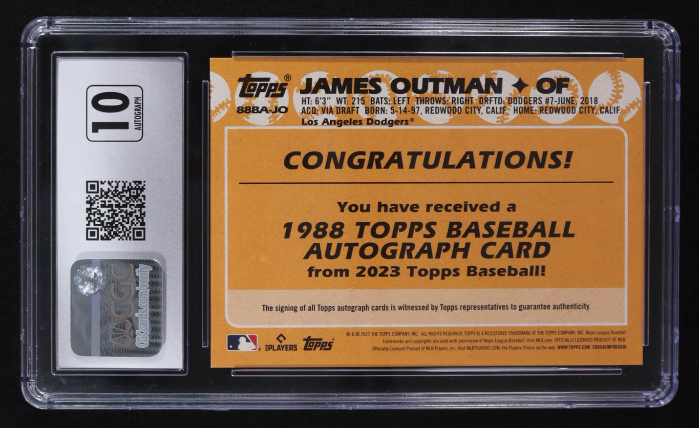 James Outman 2023 Topps '88 Topps Autographs 35th Anniversary #88BA-JO RC (CGC 10) at PristineAuction.com James Outman 2023 Topps '88 Topps Autographs 35th Anniversary #88BA-JO RC (CGC 10) at PristineAuction.com