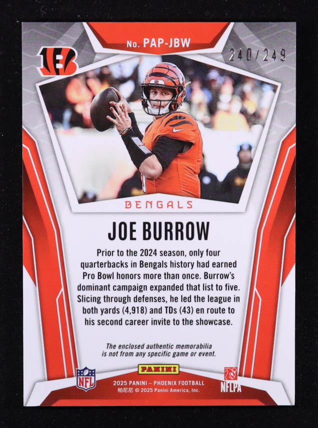 Joe Burrow 2025 Panini Phoenix Pandora Patches Red #4 #240/249 at PristineAuction.com Joe Burrow 2025 Panini Phoenix Pandora Patches Red #4 #240/249 at PristineAuction.com