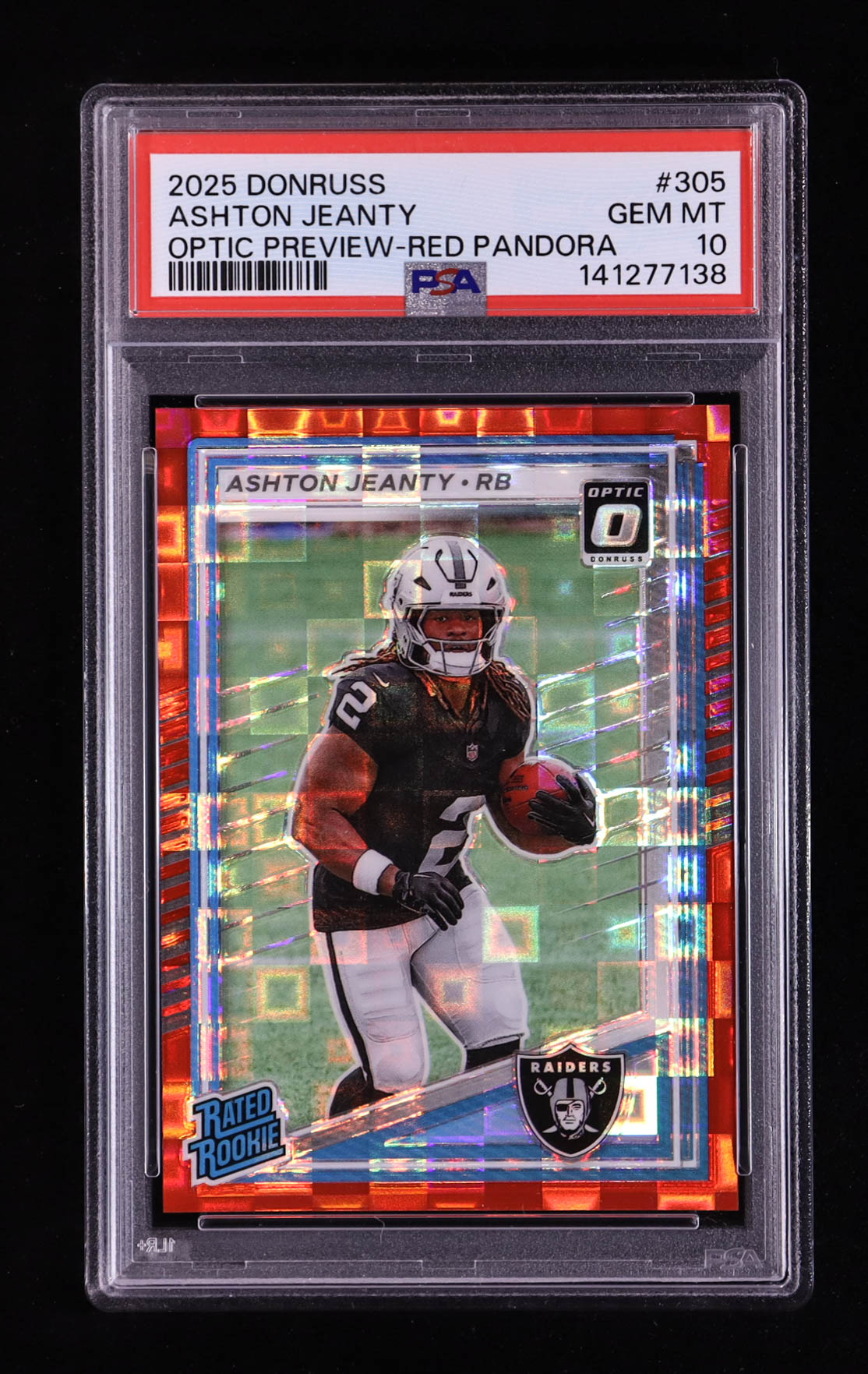 Ashton Jeanty 2025 Donruss Optic Rated Rookies Preview Red Pandora #305 RC (PSA 10) at PristineAuction.com Ashton Jeanty 2025 Donruss Optic Rated Rookies Preview Red Pandora #305 RC (PSA 10) at PristineAuction.com