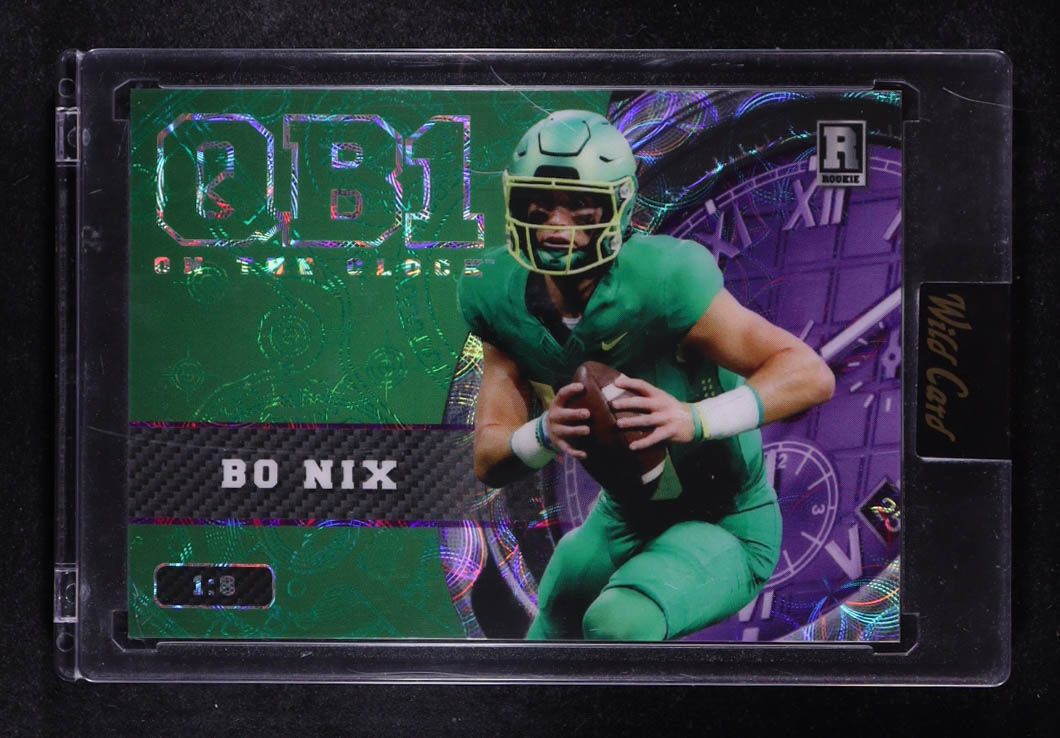 Bo Nix 2023 Wild Card QB1 On the Clock Green and Purple Scope #BN2 RC #1/8 at PristineAuction.com Bo Nix 2023 Wild Card QB1 On the Clock Green and Purple Scope #BN2 RC #1/8 at PristineAuction.com