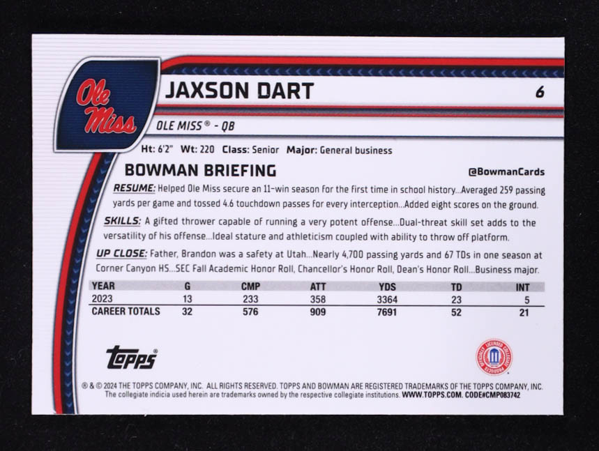 Jaxson Dart 2024 Bowman Chrome University X-Fractors #6 RC at PristineAuction.com Jaxson Dart 2024 Bowman Chrome University X-Fractors #6 RC at PristineAuction.com
