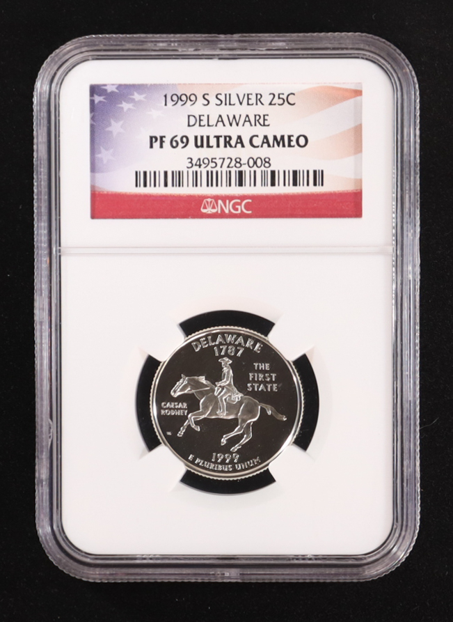 1999-S U.S. State Quarter Series - Delaware - 90% Silver Proof (NGC PF69 ULTRA CAMEO) at PristineAuction.com 1999-S U.S. State Quarter Series - Delaware - 90% Silver Proof (NGC PF69 ULTRA CAMEO) at PristineAuction.com