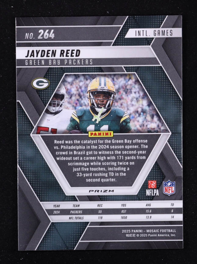 Jayden Reed 2025 Panini Mosaic Honeycomb #264 at PristineAuction.com Jayden Reed 2025 Panini Mosaic Honeycomb #264 at PristineAuction.com