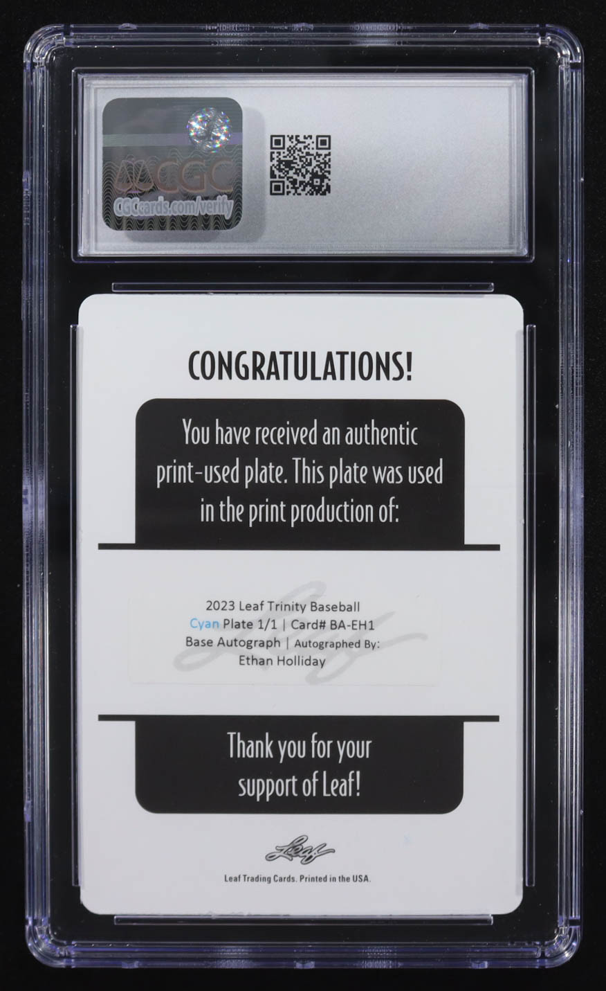 Ethan Holiday 2023 Leaf Trinity Cyan Printing Plate Autographs #BA-EH1 RC #1/1 (CGC 9 | Autograph Graded CGC 10) at PristineAuction.com Ethan Holiday 2023 Leaf Trinity Cyan Printing Plate Autographs #BA-EH1 RC #1/1 (CGC 9 | Autograph Graded CGC 10) at PristineAuction.com