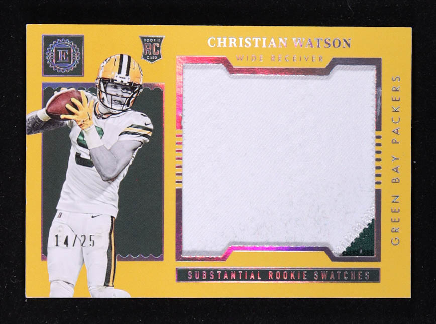 Christian Watson 2022 Panini Encased Substantial Rookie Swatches Gold #16 #14/25 RC at PristineAuction.com Christian Watson 2022 Panini Encased Substantial Rookie Swatches Gold #16 #14/25 RC at PristineAuction.com