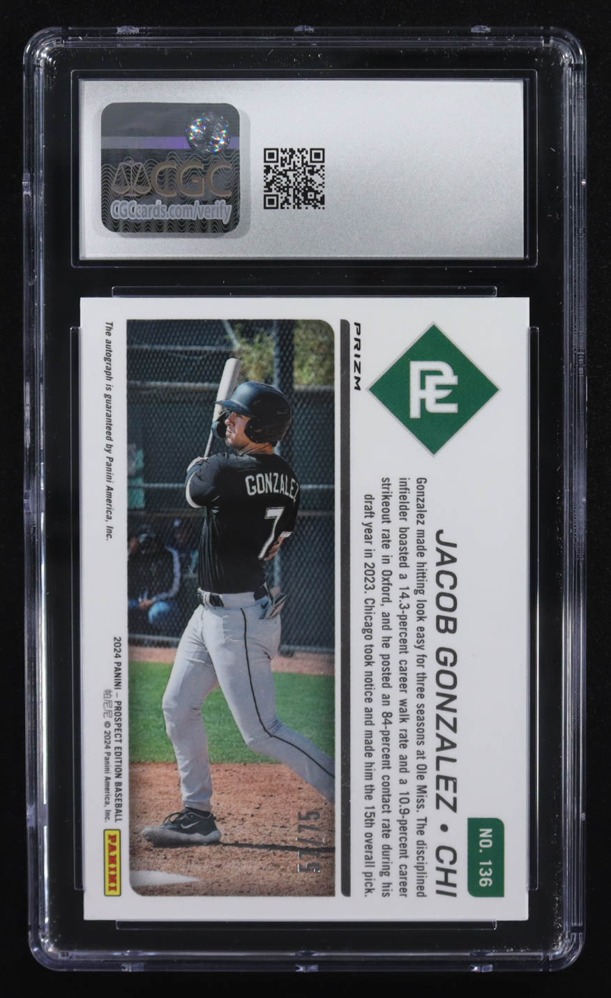 Jacob Gonzalez 2024 Panini Prospect Edition Prospect Ticket Signatures Blue Wave #136 RC #57/75 (CGC 8.5 | Autograph Graded CGC 10) at PristineAuction.com Jacob Gonzalez 2024 Panini Prospect Edition Prospect Ticket Signatures Blue Wave #136 RC #57/75 (CGC 8.5 | Autograph Graded CGC 10) at PristineAuction.com