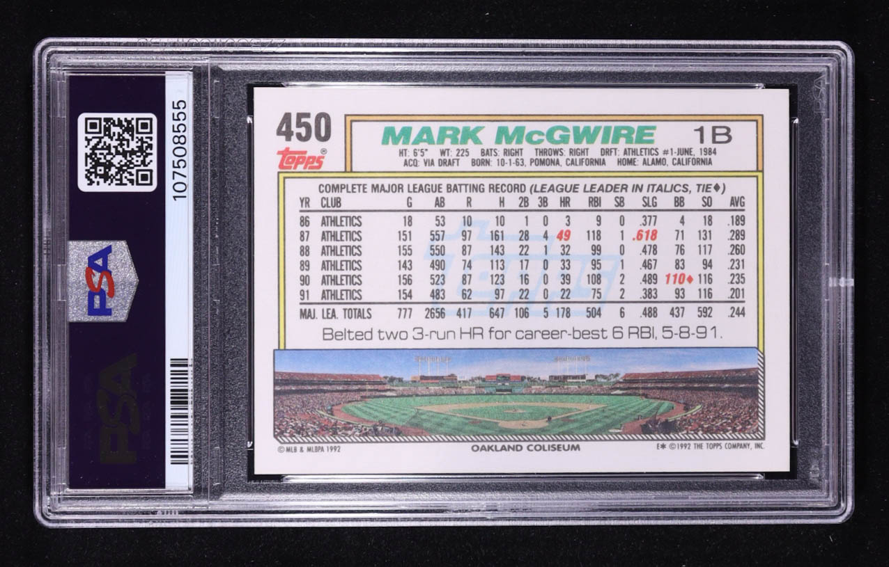 Mark McGwire 1992 Topps #450 (PSA 10) at PristineAuction.com Mark McGwire 1992 Topps #450 (PSA 10) at PristineAuction.com