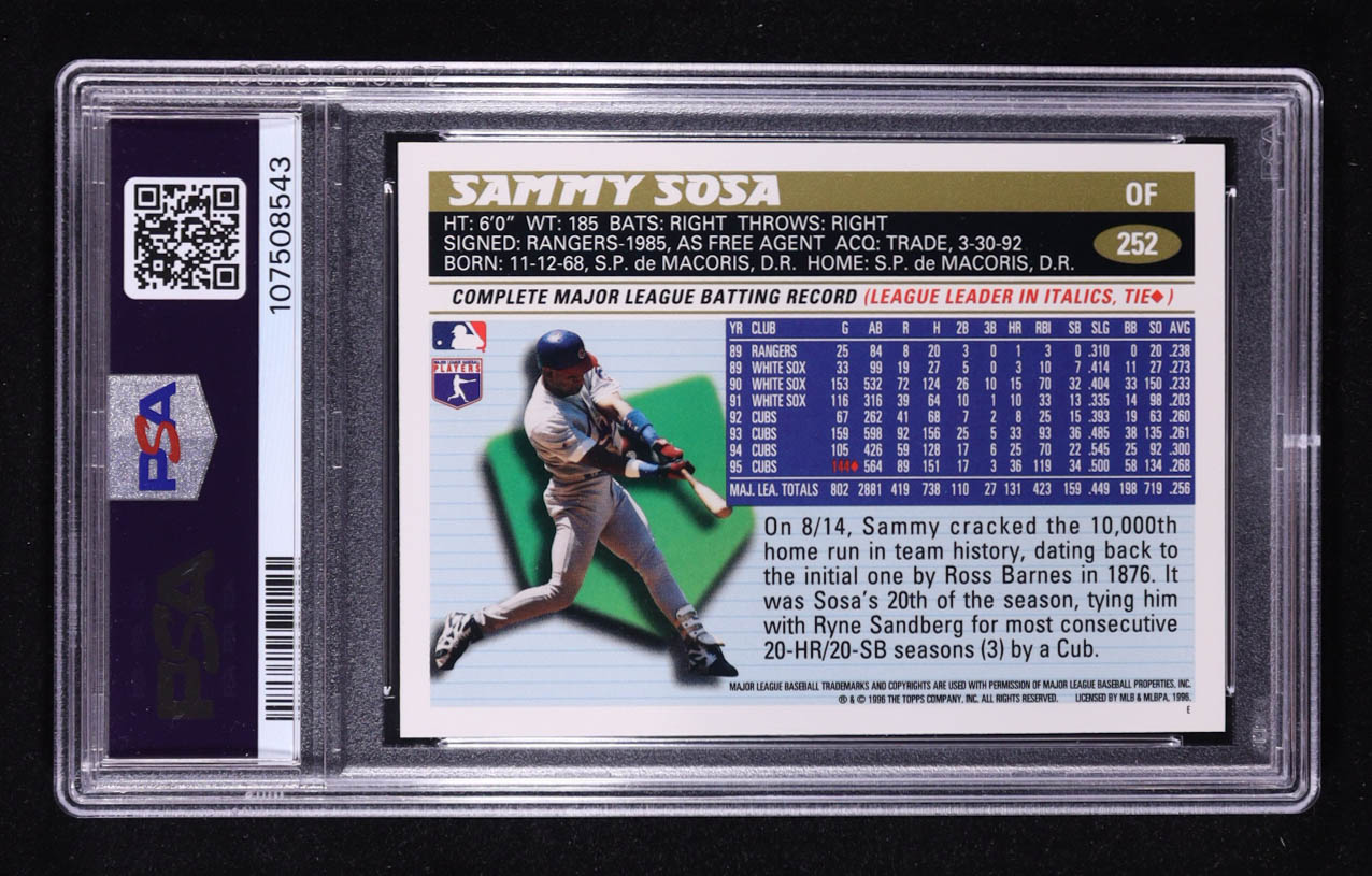 Sammy Sosa 1996 Topps #252 (PSA 10) at PristineAuction.com Sammy Sosa 1996 Topps #252 (PSA 10) at PristineAuction.com