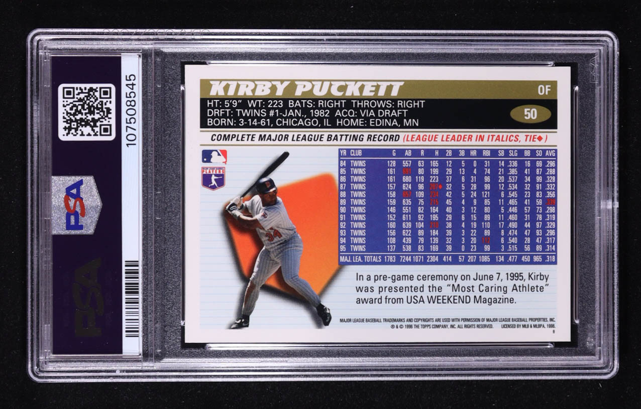 Kirby Puckett 1996 Topps #50 (PSA 10) at PristineAuction.com Kirby Puckett 1996 Topps #50 (PSA 10) at PristineAuction.com