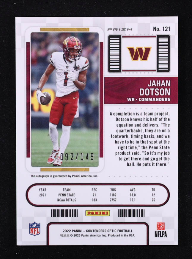 Jahan Dotson 2022 Panini Contenders Optic Autograph Red #121A #092/149 RC at PristineAuction.com Jahan Dotson 2022 Panini Contenders Optic Autograph Red #121A #092/149 RC at PristineAuction.com