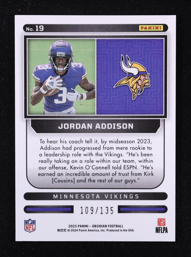 Jordan Addison 2023 Panini Obsidian Supernova #19 #109/135 RC at PristineAuction.com Jordan Addison 2023 Panini Obsidian Supernova #19 #109/135 RC at PristineAuction.com