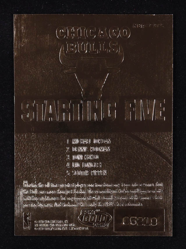 Michael Jordan / Dennis Rodman / Toni Kukoc / Luc Longley / Scottie Pippen 1996-97 Skybox NBA Hoops Starting Five 23KT Gold Red Holo Refractor at PristineAuction.com Michael Jordan / Dennis Rodman / Toni Kukoc / Luc Longley / Scottie Pippen 1996-97 Skybox NBA Hoops Starting Five 23KT Gold Red Holo Refractor at PristineAuction.com