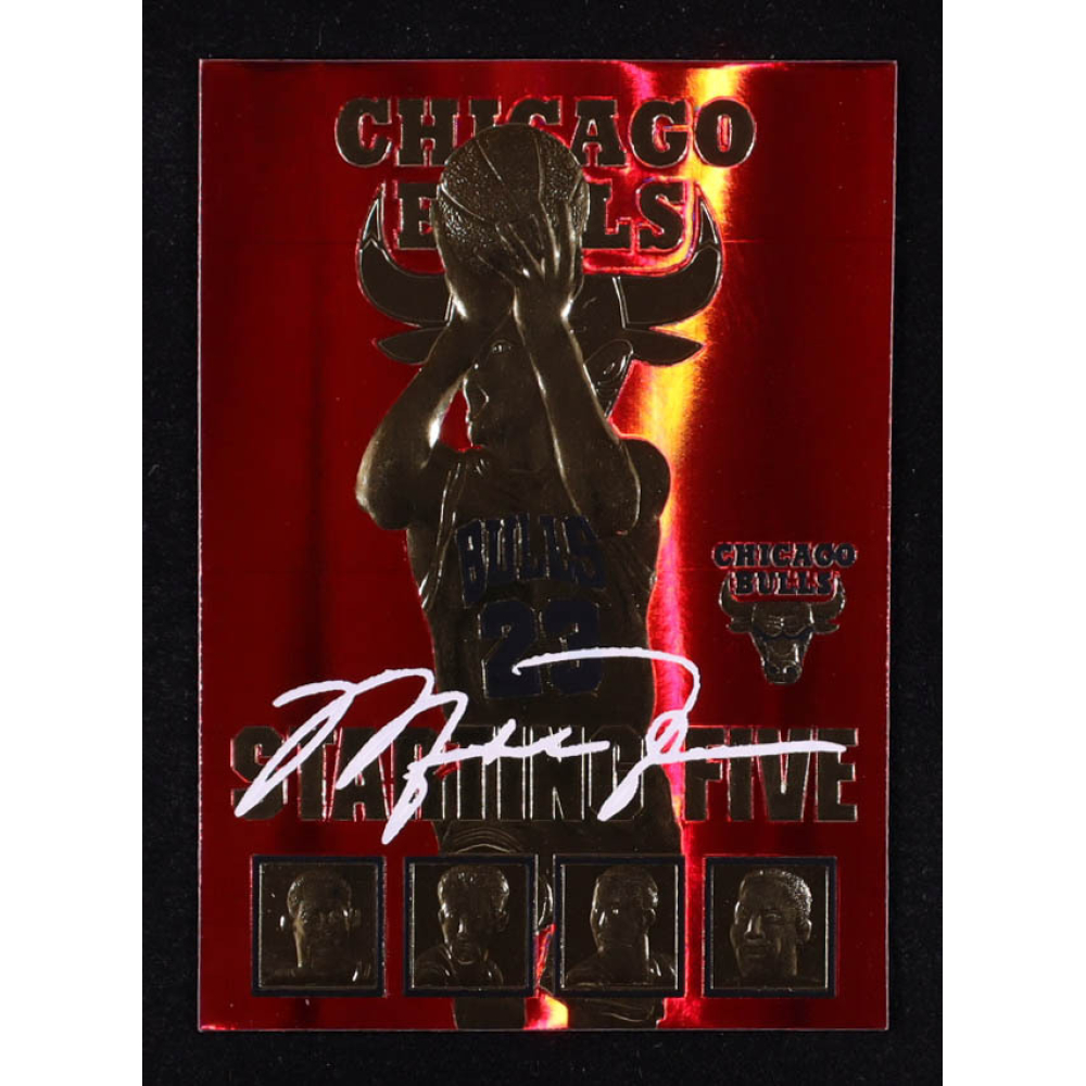 Michael Jordan / Dennis Rodman / Toni Kukoc / Luc Longley / Scottie Pippen 1996-97 Skybox NBA Hoops Starting Five 23KT Gold Red Holo Refractor at PristineAuction.com