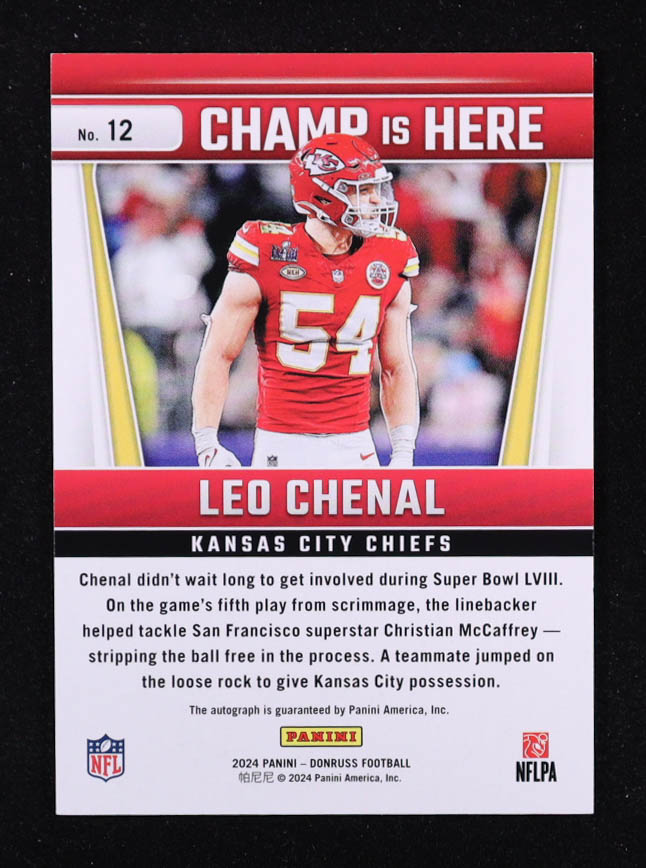 Leo Chenal 2024 Donruss Champ is Here Autographs #12 #205/299 at PristineAuction.com Leo Chenal 2024 Donruss Champ is Here Autographs #12 #205/299 at PristineAuction.com