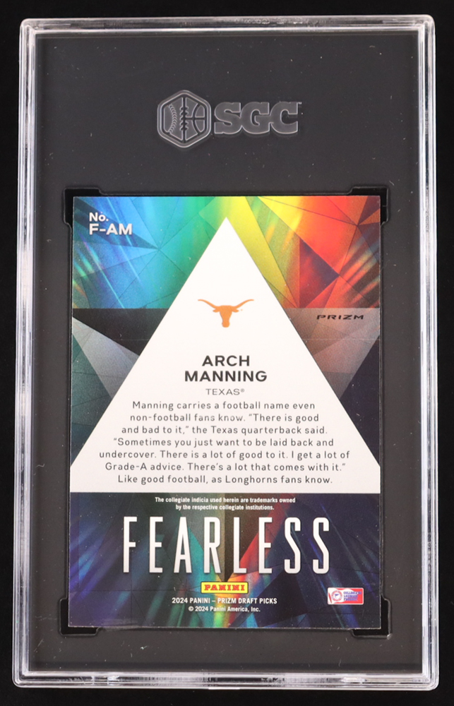 Arch Manning 2024 Panini Prizm Draft Picks Fearless Red Ice Rated Prospect #F-AM RC (SGC 9) at PristineAuction.com Arch Manning 2024 Panini Prizm Draft Picks Fearless Red Ice Rated Prospect #F-AM RC (SGC 9) at PristineAuction.com