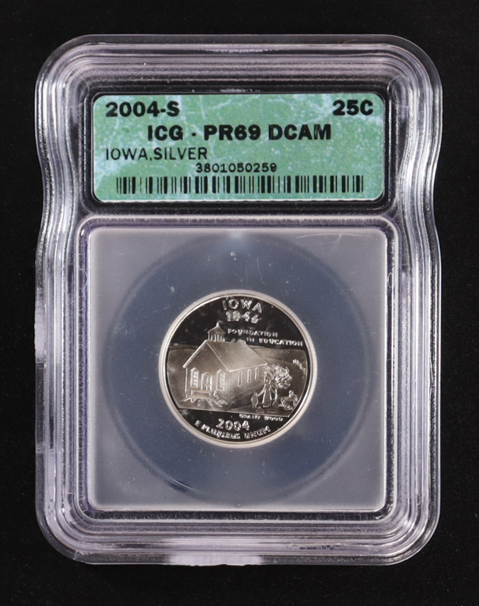 2004-S U.S. State Quarter Series - Iowa - 90% Silver Proof (ICG PR69DCAM) at PristineAuction.com 2004-S U.S. State Quarter Series - Iowa - 90% Silver Proof (ICG PR69DCAM) at PristineAuction.com