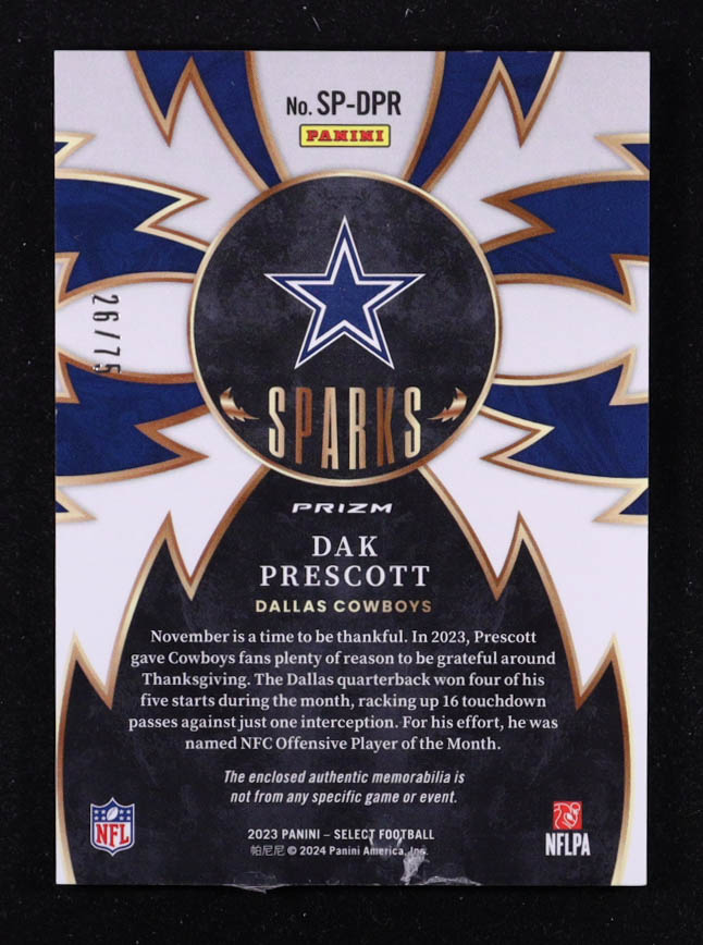Dak Prescott 2023 Select Sparks Materials Prizm White #14 #26/75 at PristineAuction.com Dak Prescott 2023 Select Sparks Materials Prizm White #14 #26/75 at PristineAuction.com