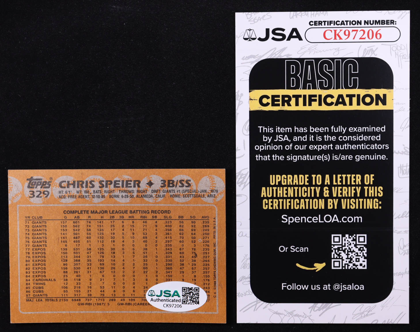 Chris Speier Signed 1988 Topps #329 (JSA) at PristineAuction.com Chris Speier Signed 1988 Topps #329 (JSA) at PristineAuction.com