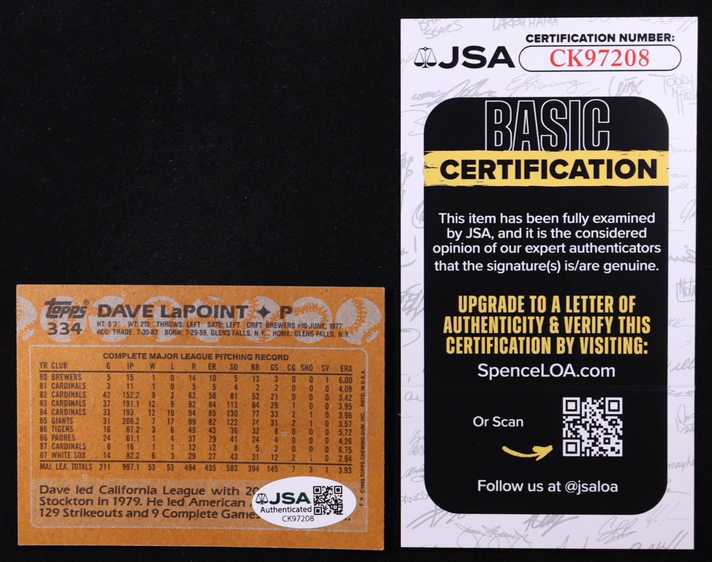 Dave LaPoint Signed 1988 Topps #334 (JSA) at PristineAuction.com Dave LaPoint Signed 1988 Topps #334 (JSA) at PristineAuction.com