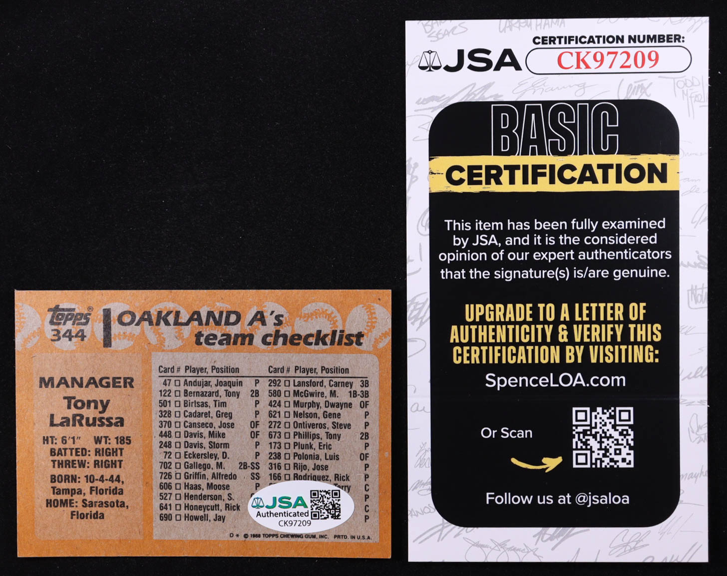 Tony LaRussa Signed 1988 Topps #344 MG (JSA) at PristineAuction.com Tony LaRussa Signed 1988 Topps #344 MG (JSA) at PristineAuction.com