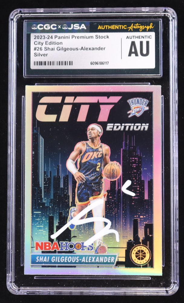 Shai Gilgeous-Alexander Signed 2023-24 Hoops Premium Stock City Edition Silver Prizm #26 (CGC Encapsulated) at PristineAuction.com Shai Gilgeous-Alexander Signed 2023-24 Hoops Premium Stock City Edition Silver Prizm #26 (CGC Encapsulated) at PristineAuction.com