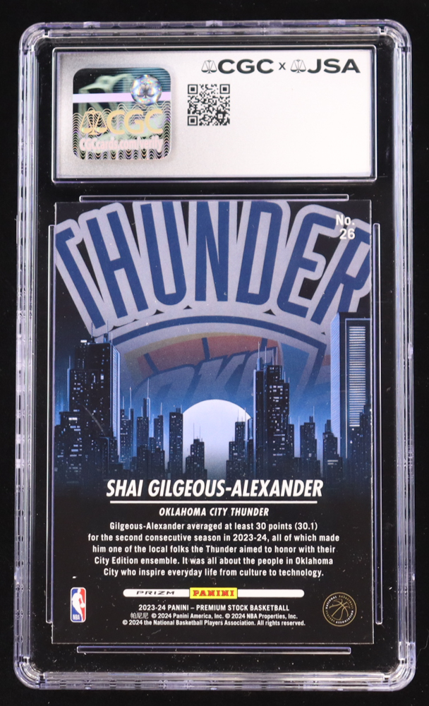 Shai Gilgeous-Alexander Signed 2023-24 Hoops Premium Stock City Edition Silver Prizm #26 (CGC Encapsulated) at PristineAuction.com Shai Gilgeous-Alexander Signed 2023-24 Hoops Premium Stock City Edition Silver Prizm #26 (CGC Encapsulated) at PristineAuction.com