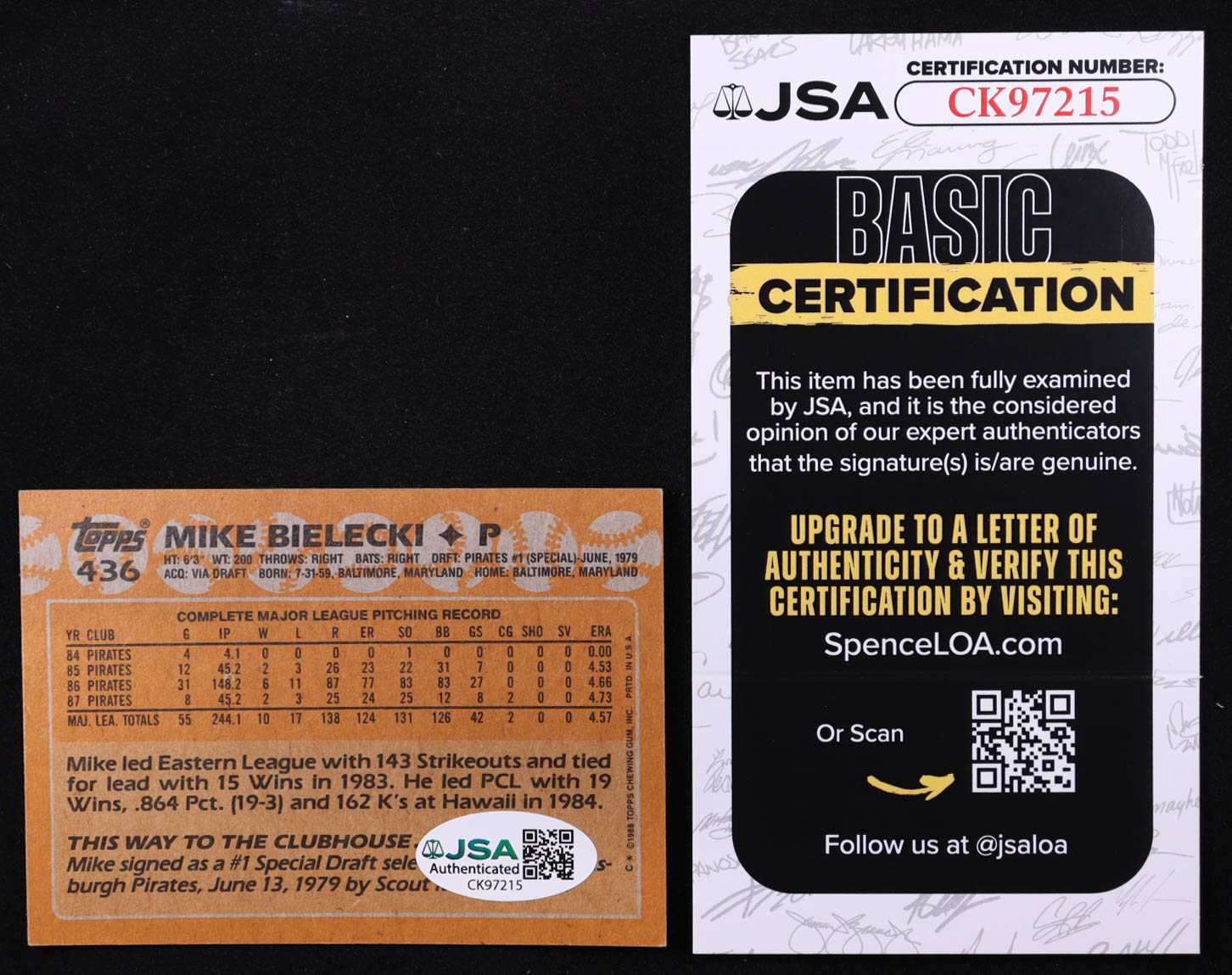 Mike Bielecki Signed 1988 Topps #436 (JSA) at PristineAuction.com Mike Bielecki Signed 1988 Topps #436 (JSA) at PristineAuction.com