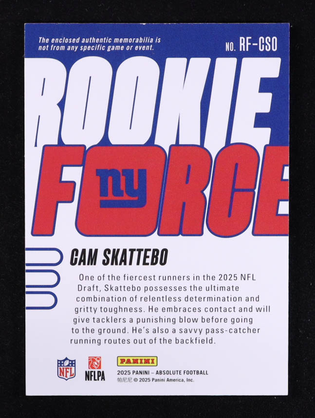 Cam Skattebo 2025 Absolute Rookie Force Jerseys #3 RC at PristineAuction.com Cam Skattebo 2025 Absolute Rookie Force Jerseys #3 RC at PristineAuction.com