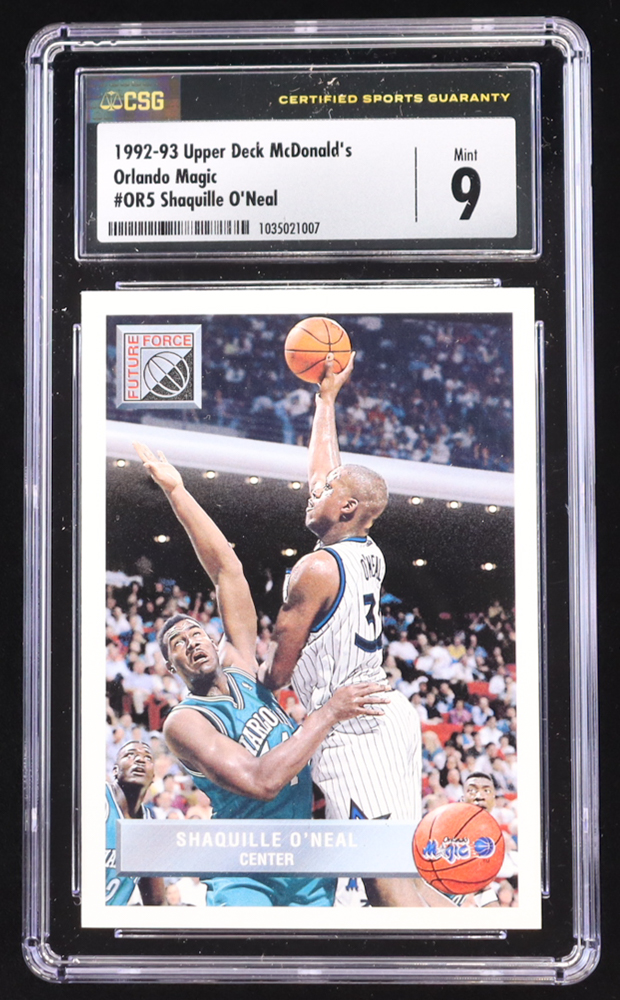 Shaquille O'Neal 1992-93 Upper Deck Mcdonald's Orlando Magic Future Force #OR5 RC (CSG 9) at PristineAuction.com Shaquille O'Neal 1992-93 Upper Deck Mcdonald's Orlando Magic Future Force #OR5 RC (CSG 9) at PristineAuction.com