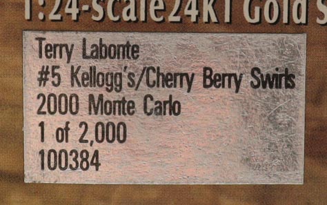 Terry Labonte NASCAR #5 Kellogg's / Cherry Berry Swirls 2000 Monte Carlo 1:24 Scale 24kt Gold Die-cast Car at PristineAuction.com Terry Labonte NASCAR #5 Kellogg's / Cherry Berry Swirls 2000 Monte Carlo 1:24 Scale 24kt Gold Die-cast Car at PristineAuction.com