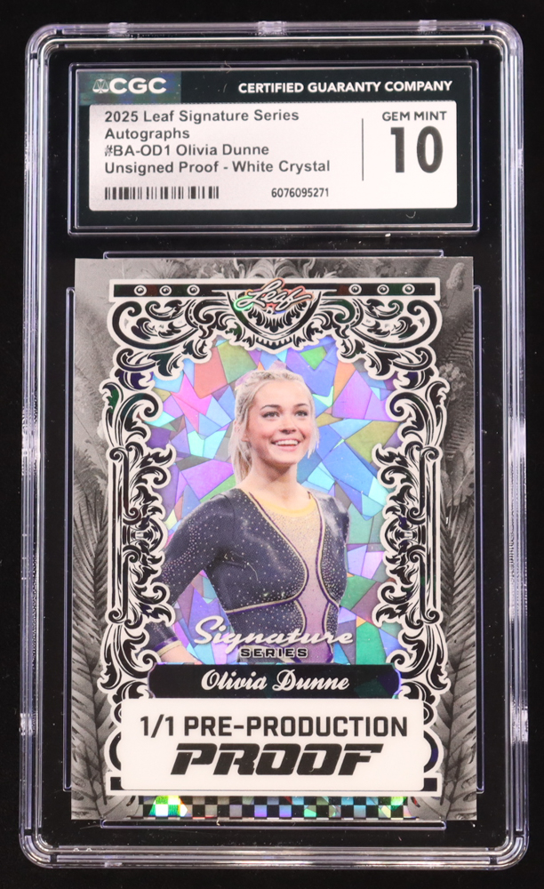 Olivia Dunne 2025 Leaf Signature Series Autographs Unsigned Proof White Crystal Pre-Production Proof #BA-OD1 #1/1 (CGC 10) at PristineAuction.com Olivia Dunne 2025 Leaf Signature Series Autographs Unsigned Proof White Crystal Pre-Production Proof #BA-OD1 #1/1 (CGC 10) at PristineAuction.com
