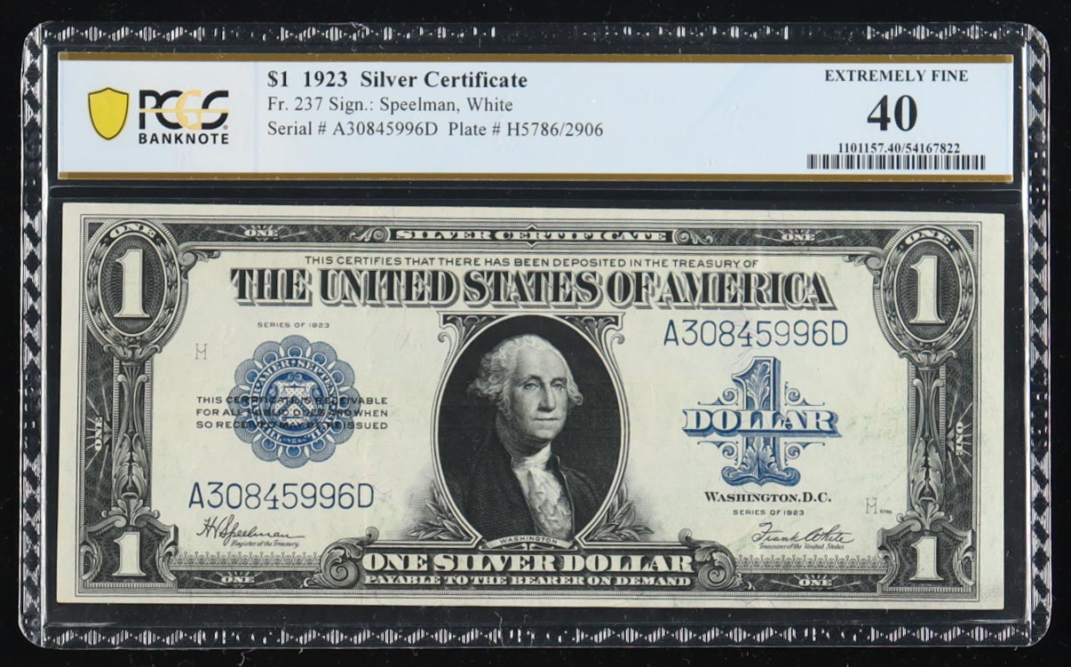 1923 U.S. $1 "Horse Blanket" Silver Certificate - Fr. 237 Signed: Speelman / White (PCGS Extremely Fine 40) at PristineAuction.com 1923 U.S. $1 "Horse Blanket" Silver Certificate - Fr. 237 Signed: Speelman / White (PCGS Extremely Fine 40) at PristineAuction.com