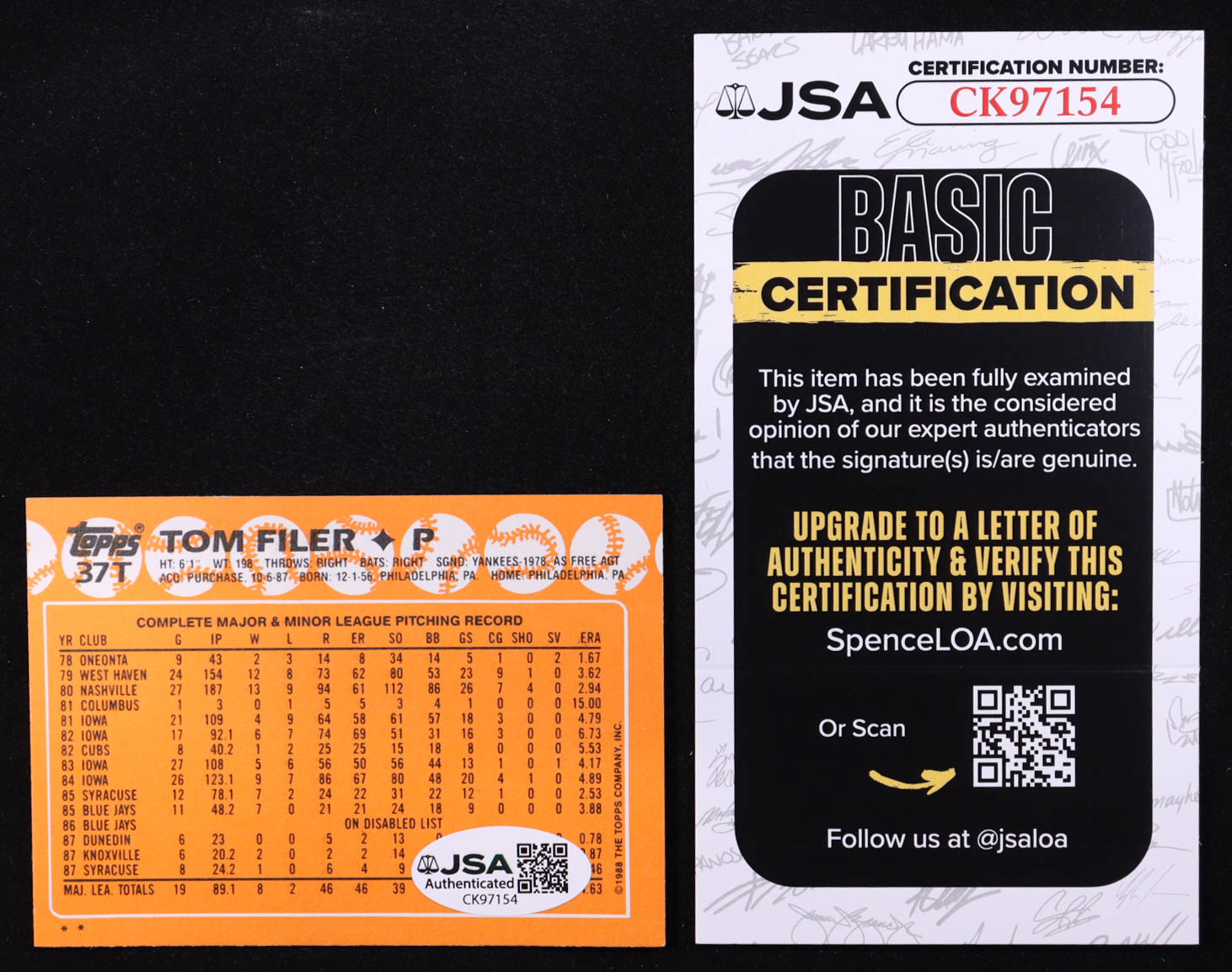 Tom Filer Signed 1988 Topps Traded #37T (JSA) at PristineAuction.com Tom Filer Signed 1988 Topps Traded #37T (JSA) at PristineAuction.com