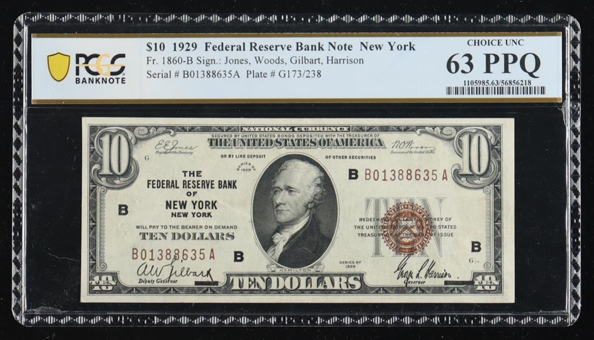 1929 U.S. $10 National Currency Note, New York - Fr. 1860-B Signed: Jones / Woods / Gilbart / Harrison (PCGS Choice Unc 63 PPQ) at PristineAuction.com 1929 U.S. $10 National Currency Note, New York - Fr. 1860-B Signed: Jones / Woods / Gilbart / Harrison (PCGS Choice Unc 63 PPQ) at PristineAuction.com